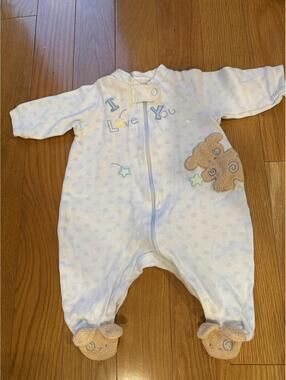 Just Born 3-6 Months Light Blue Cream Footed Baby Sleeper with Teddy Bear Appliq